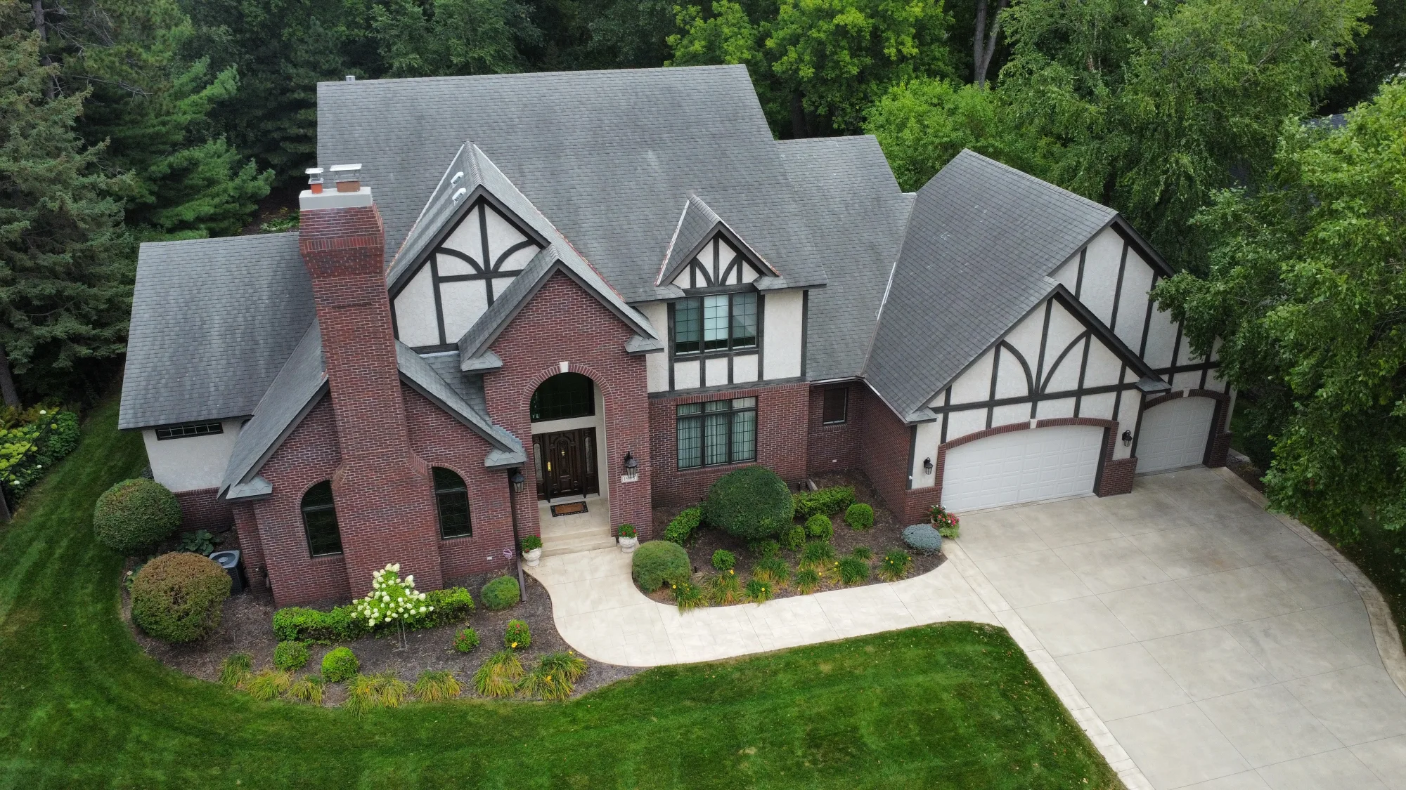 Aerial view of a home with a completed Allied Construction roof
